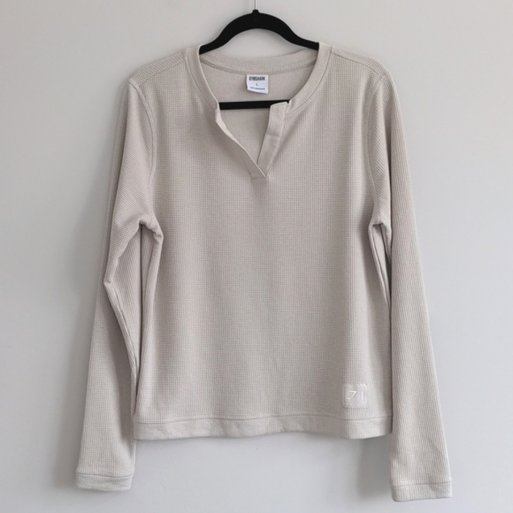 GYMSTARK | Waffle Knit Shirt Notch Neck Long Sleeve, Beige, Womens L